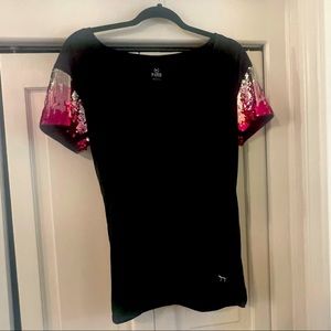 Pink Victoria’s Secret T-shirt with sequin sleeves